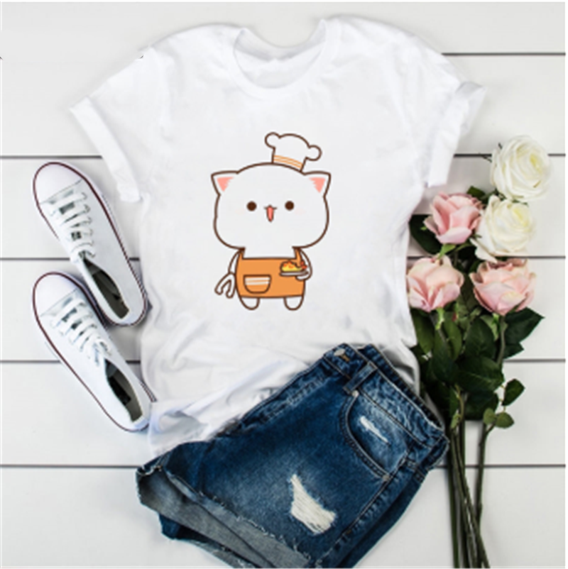 Title 3, Cute Cat Cartoon Print Loose Casual Student T-s...