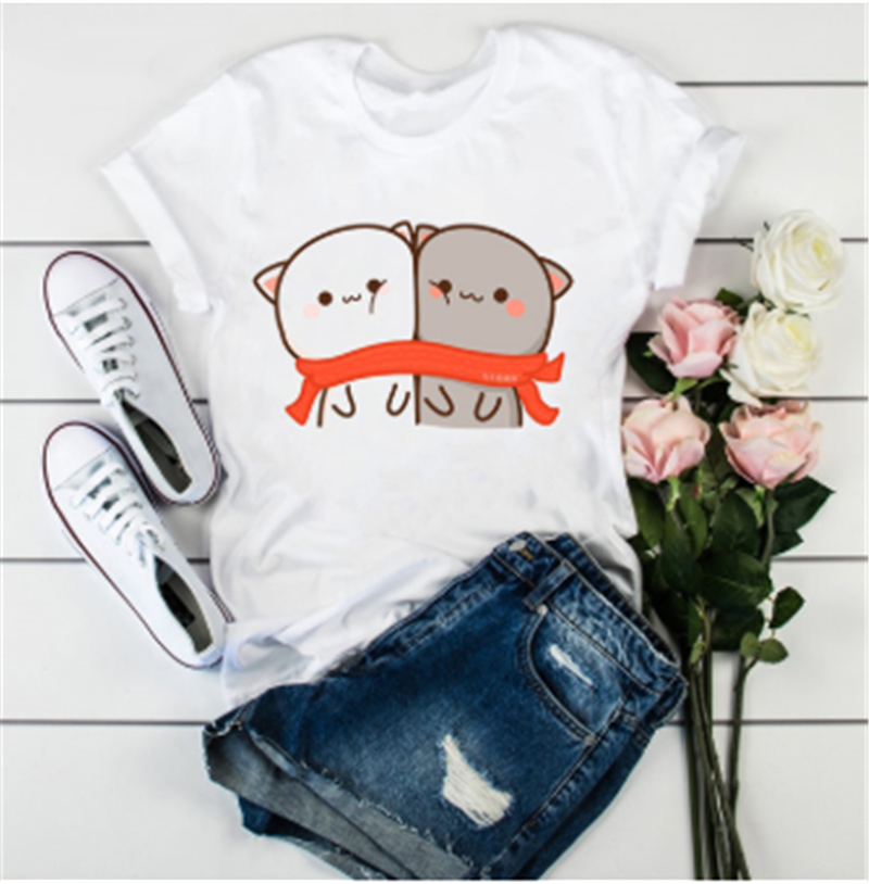 Title 5, Cute Cat Cartoon Print Loose Casual Student T-s...