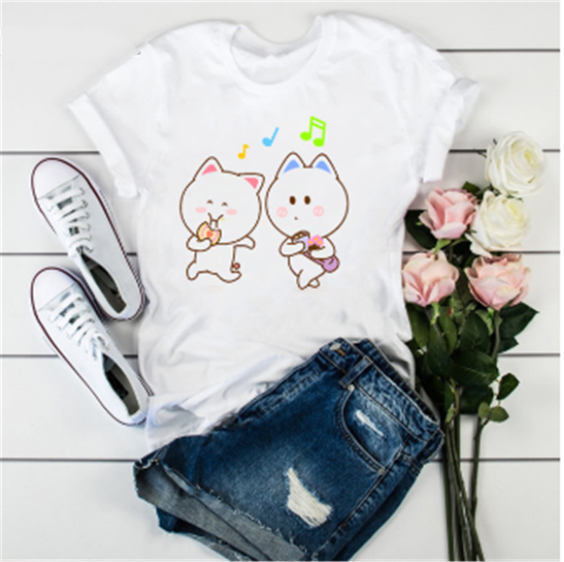 Title 6, Cute Cat Cartoon Print Loose Casual Student T-s...