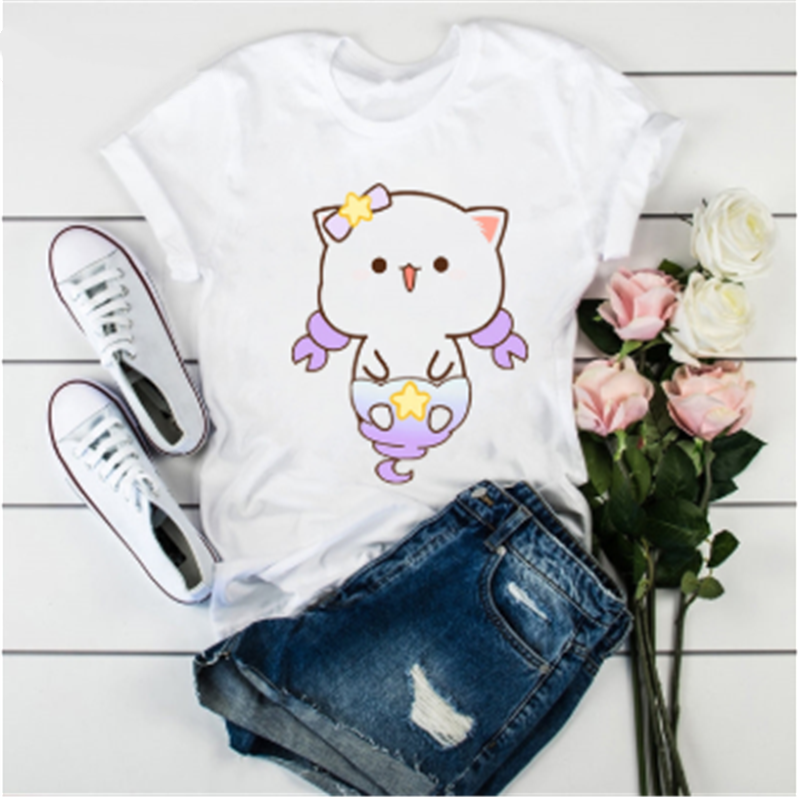 Title 15, Cute Cat Cartoon Print Loose Casual Student T-s...