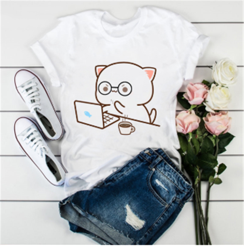 Title 11, Cute Cat Cartoon Print Loose Casual Student T-s...