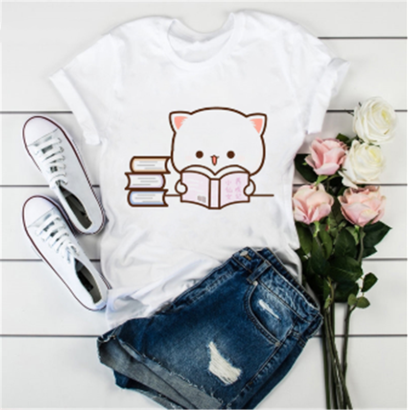 Title 8, Cute Cat Cartoon Print Loose Casual Student T-s...