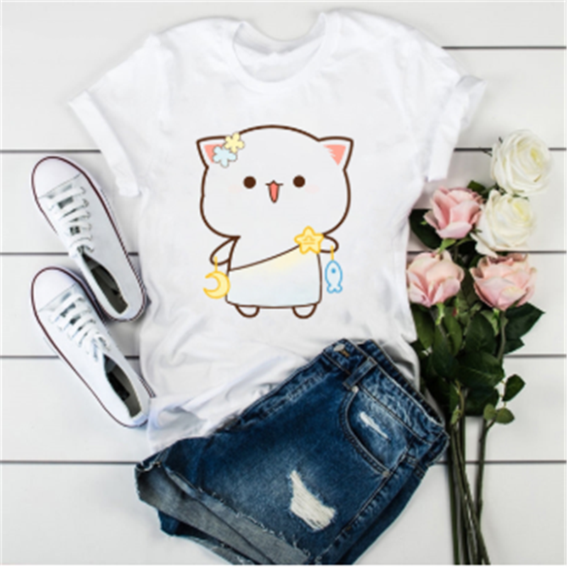 Title 17, Cute Cat Cartoon Print Loose Casual Student T-s...