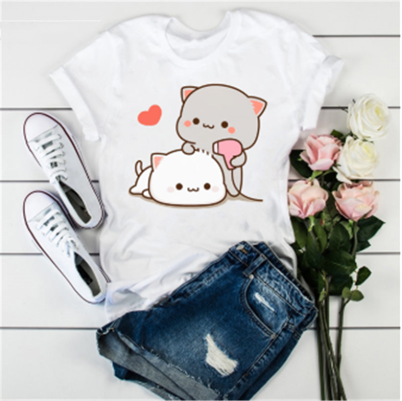 Title 10, Cute Cat Cartoon Print Loose Casual Student T-s...