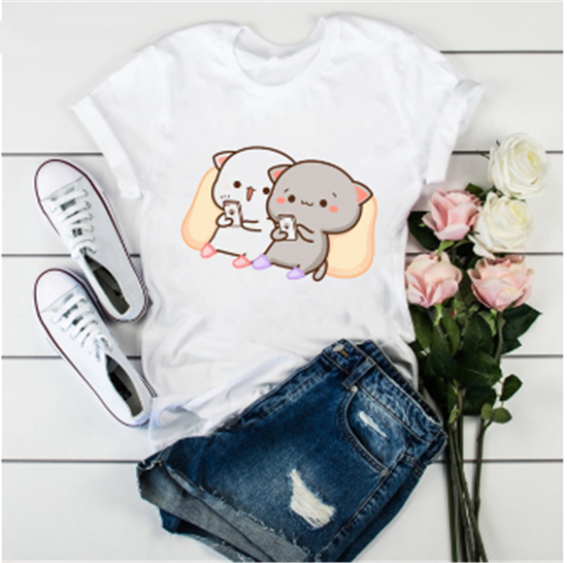 Title 13, Cute Cat Cartoon Print Loose Casual Student T-s...