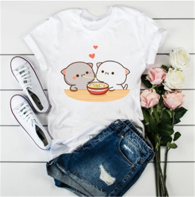 Title 14, Cute Cat Cartoon Print Loose Casual Student T-s...