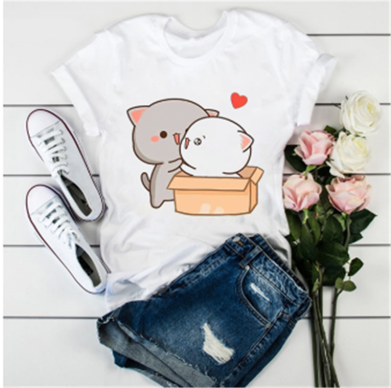 Title 12, Cute Cat Cartoon Print Loose Casual Student T-s...