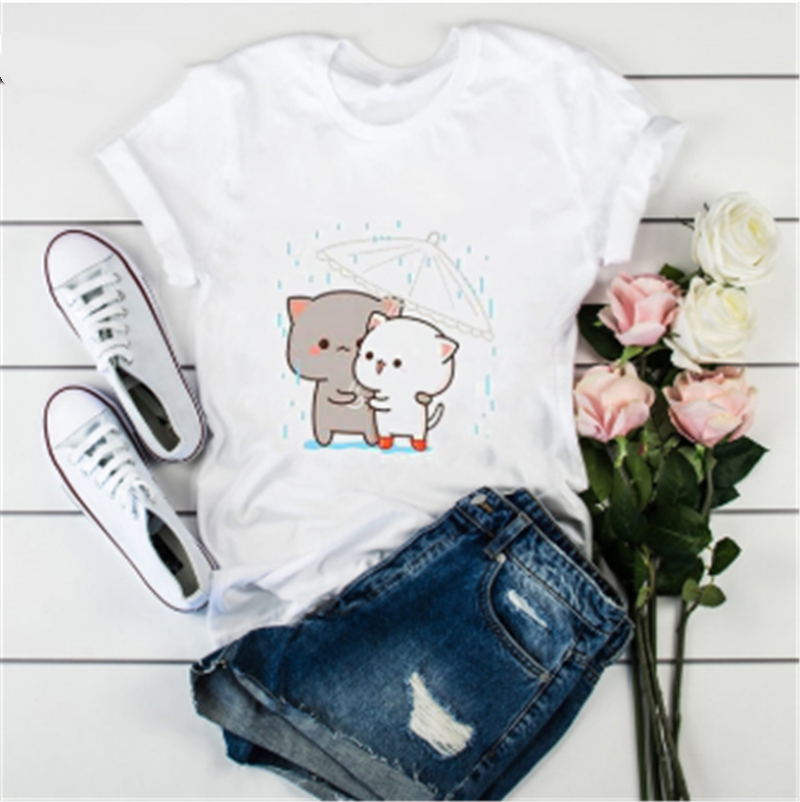 Title 16, Cute Cat Cartoon Print Loose Casual Student T-s...