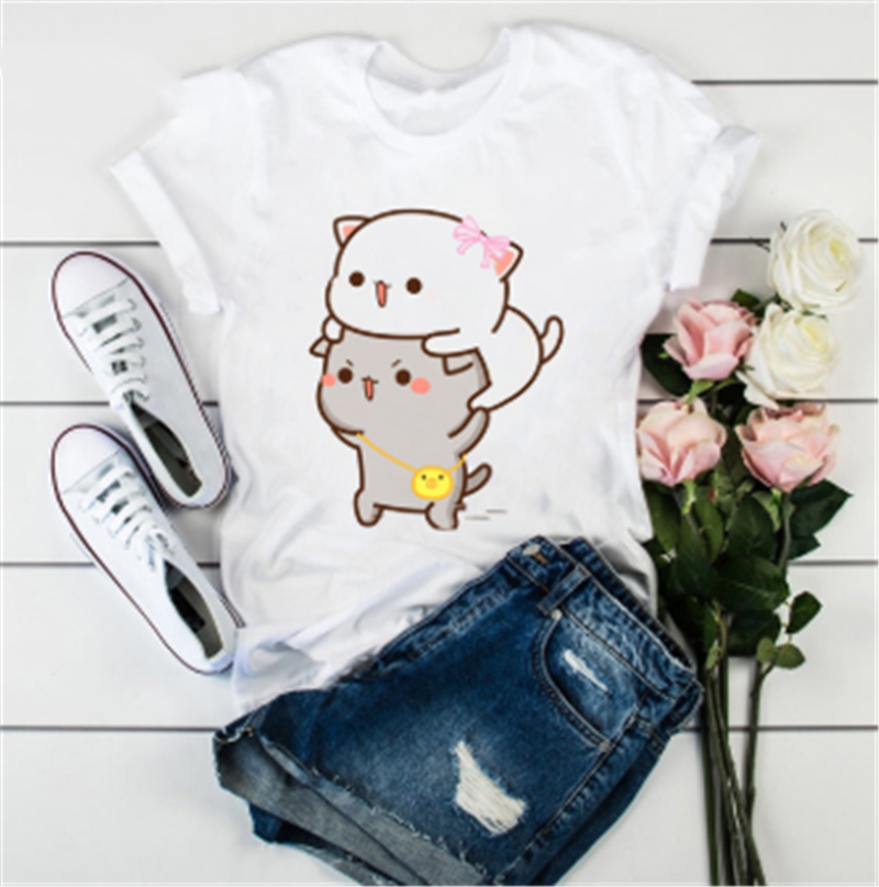 Title 19, Cute Cat Cartoon Print Loose Casual Student T-s...