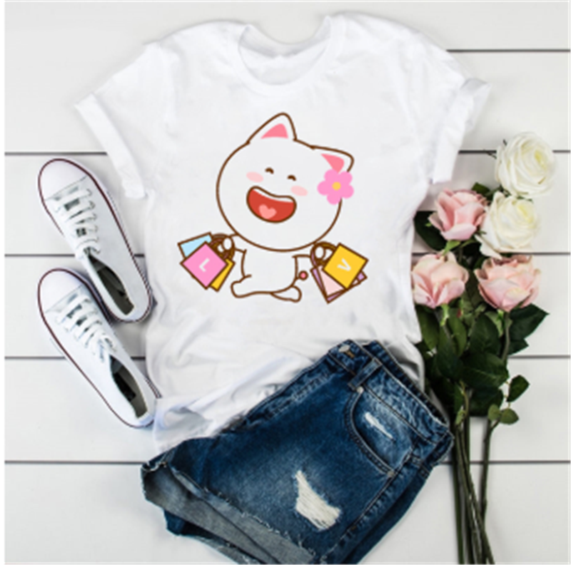 Title 20, Cute Cat Cartoon Print Loose Casual Student T-s...