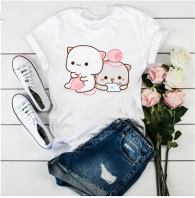 Cute Cat Cartoon Print Loose Casual Student T shirt - Shop at LoveMi