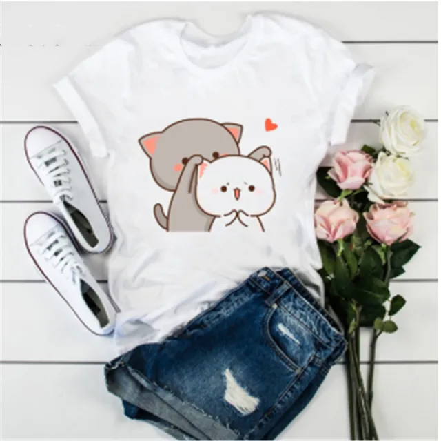 Cute Cat Cartoon Print Loose Casual Student T shirt K - Shop at LoveMi