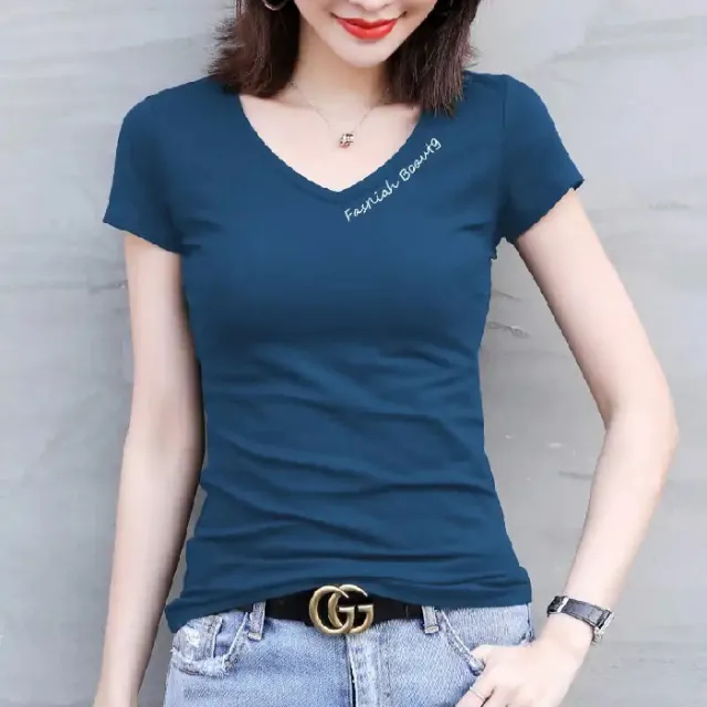Spring Women Short Sleeves Sexy Top Slim Summer Embroidery V Neck Blue - Shop at LoveMi
