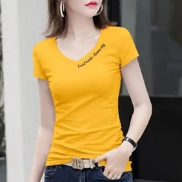 Spring Women Short Sleeves Sexy Top Slim Summer Embroidery V Neck Yellow - Shop at LoveMi