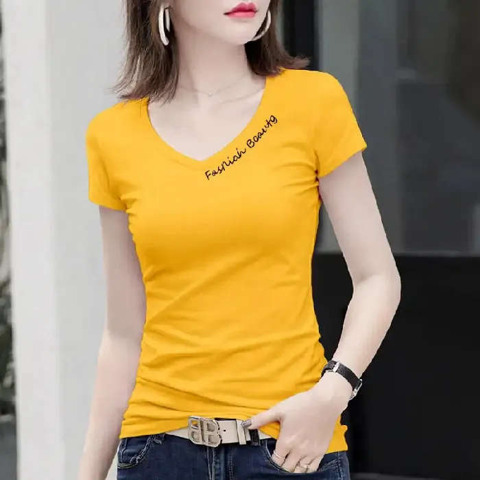 Spring Women Short Sleeves Sexy Top Slim Summer Embroidery V-Neck - Yellow