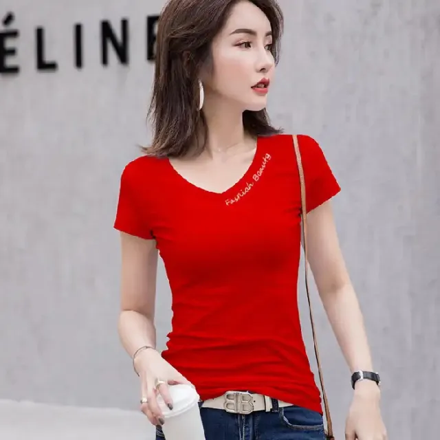 Spring Women Short Sleeves Sexy Top Slim Summer Embroidery V Neck Red - Shop at LoveMi
