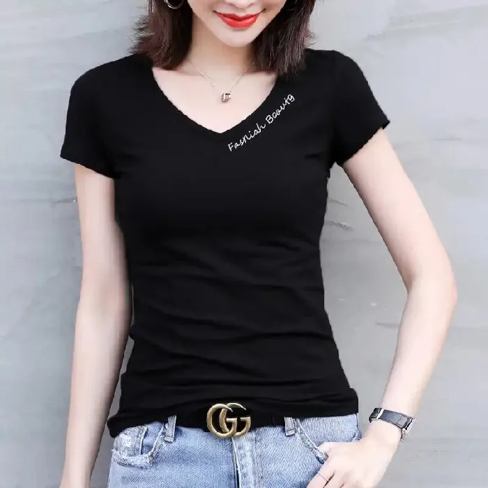 Spring Women Short Sleeves Sexy Top Slim Summer Embroidery V-Neck - Black