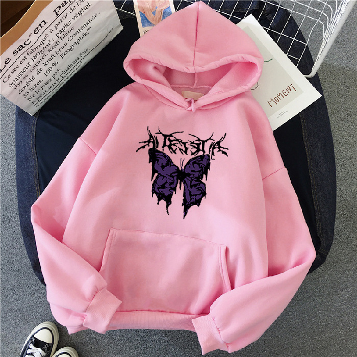 Punk Big Butterfly Sweatshirt Harajuku Dark Hoodie Pink - Shop at LoveMi