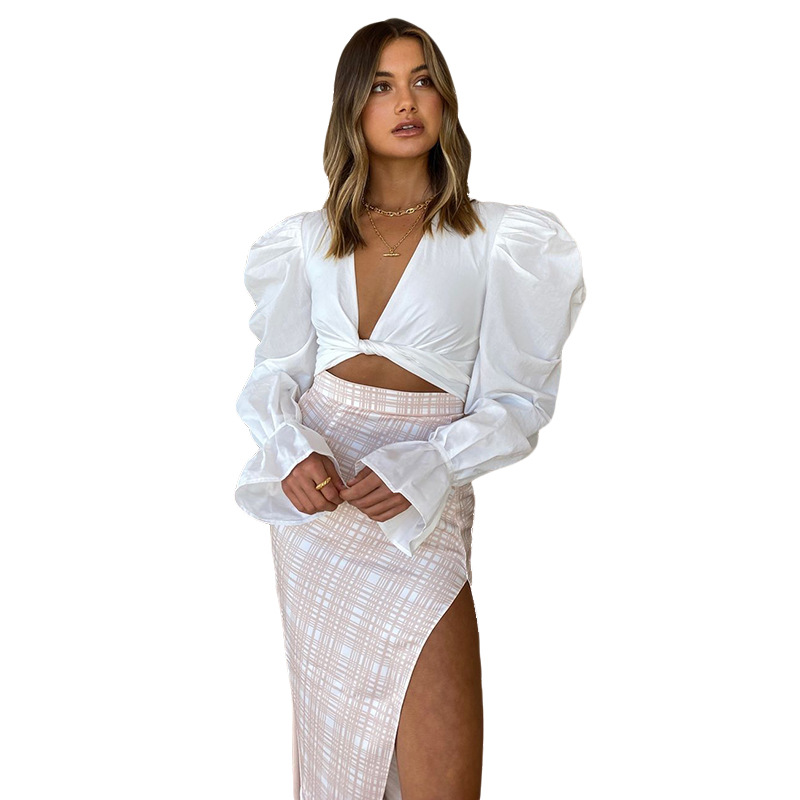 European And American Women'S New Style Pure Color Versatile Fashion Puff Sleeve Bow Shirt