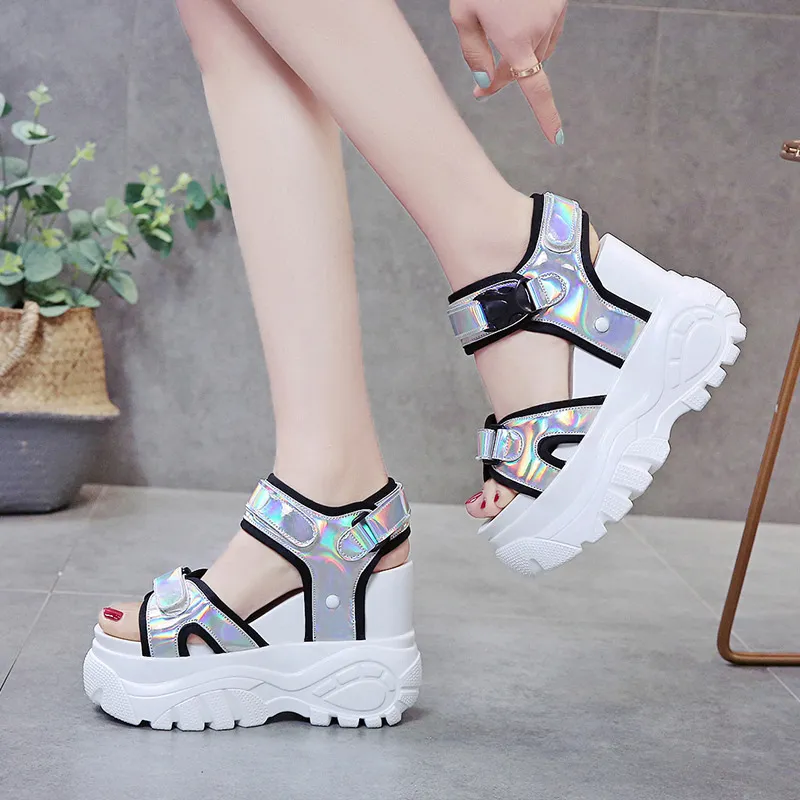 Womens Sandals Shoes Platforms Wedge Supper High Heel Chunky Sandals Thick Bottom - Silver