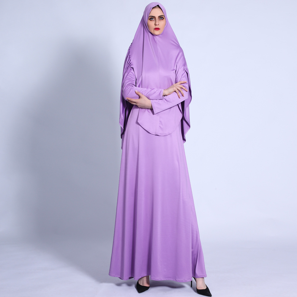 Pleated Turban Suit Muslim Solid Color Robe Retro Big Swing Dress
