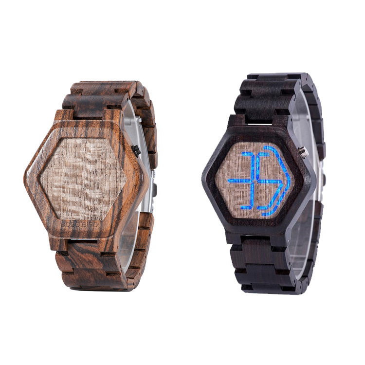 LED Display Wooden Watch Men Wristwatches Wood Night Vision - Image 3