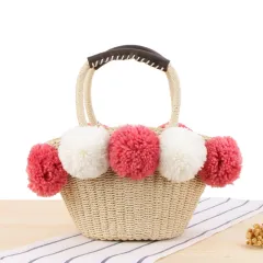 Super Cute Hand-carried Woven Beach Bag Cute Contrast Colour - Red - View 1