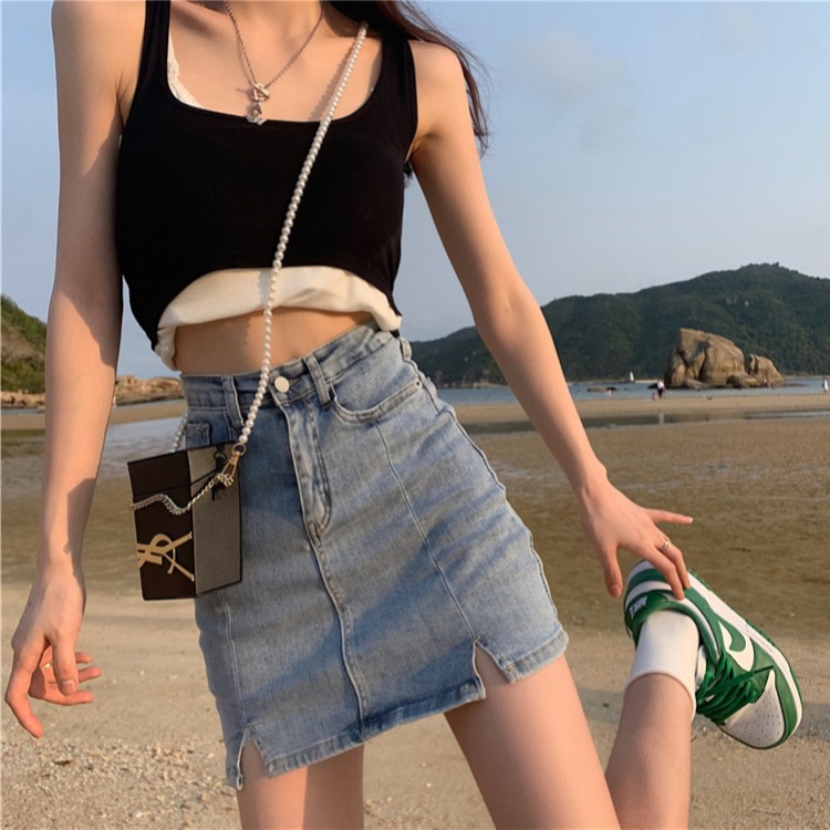 Retro Wild High Waisted Split Denim Skirt Female Hot Girl Hip Skirt Blue - Shop at LoveMi
