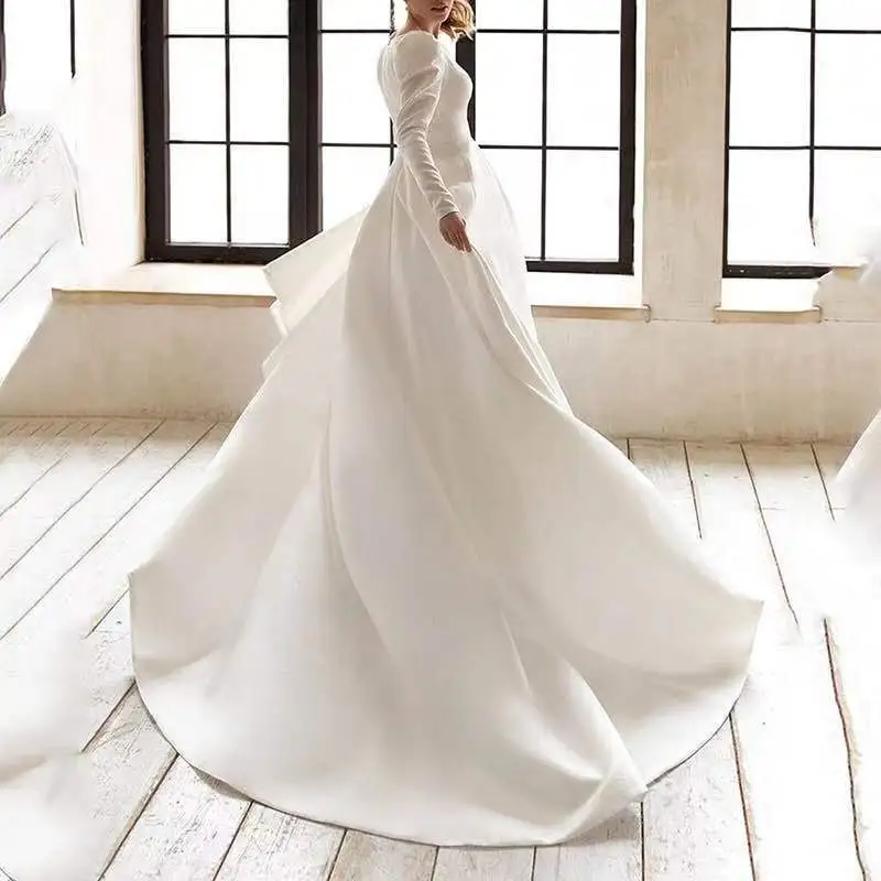 Ladies Style White Dress Satin Surface Was Thin And High French Temperament Dress Long Skirt - White