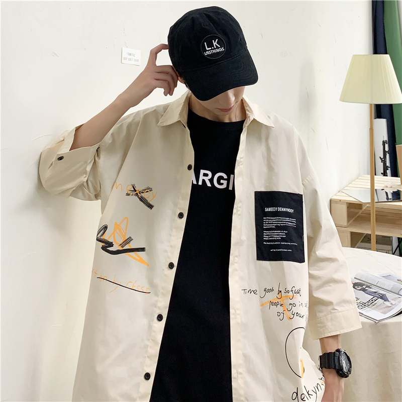 Handsome 34-Sleeve Shirt Hong Kong Style Short Sleeved Shirt