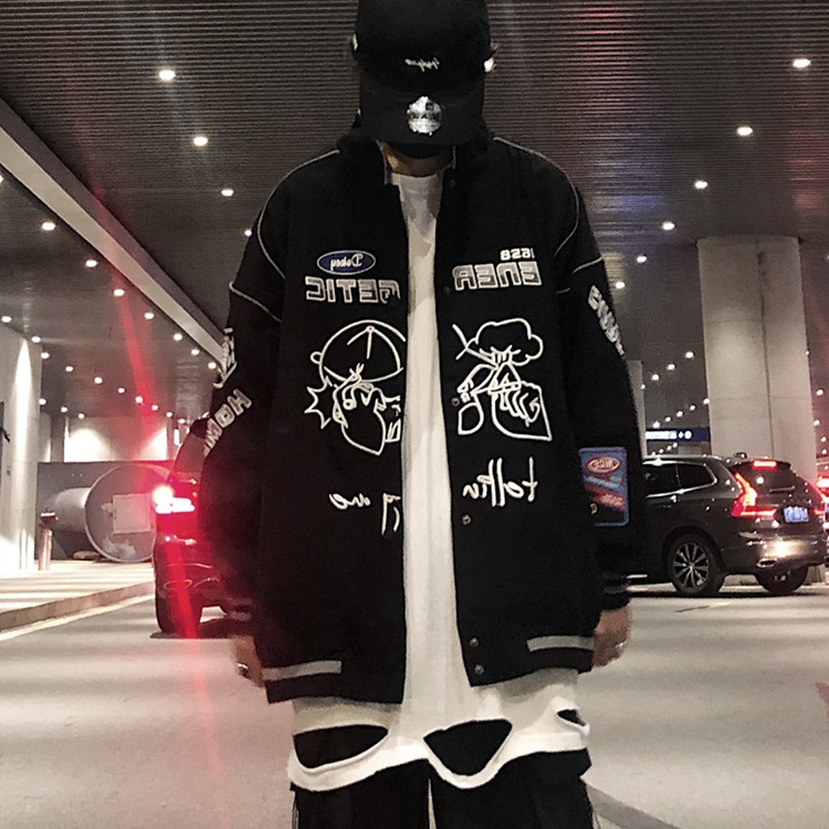 Autumn New Fashion Men'S Japanese Street Graffiti Embroidery Print Casual Loose Baseball Jacket