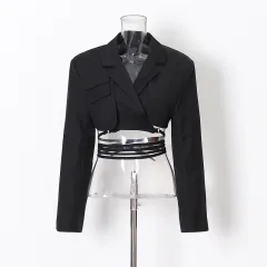Fashion Simple Lapel Solid Colour Short Coat - Black - View 1