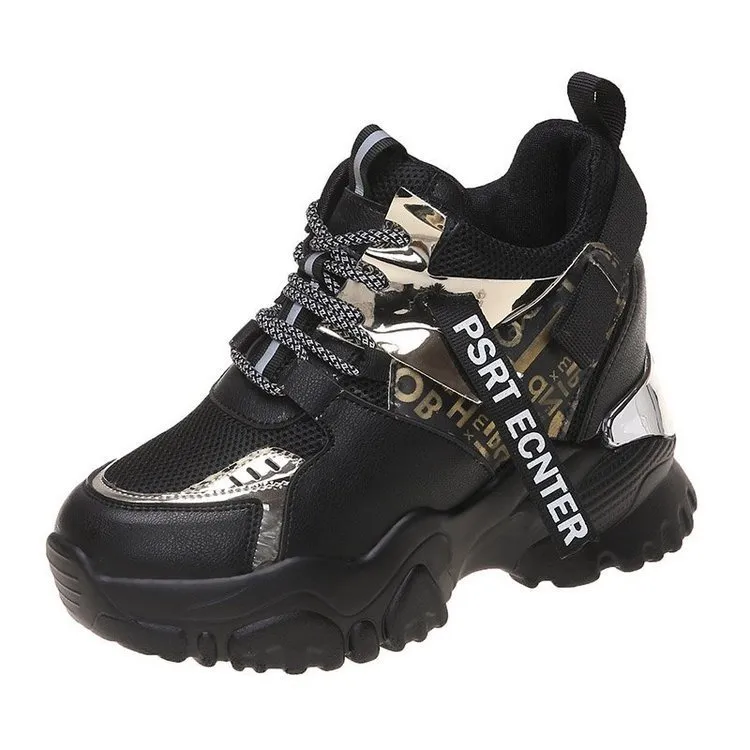 Lace-up Colour-blocking Round Toe Heightened Casual Sneakers - Black