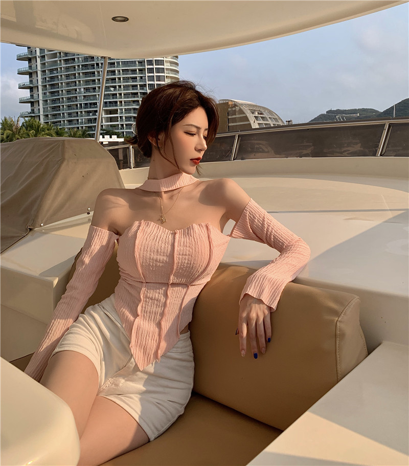 One Line Shoulder Clavicle T-Shirt Women'S Summer Design Desire Style Short Tight Neck Wipe Chest Long Sleeve Top