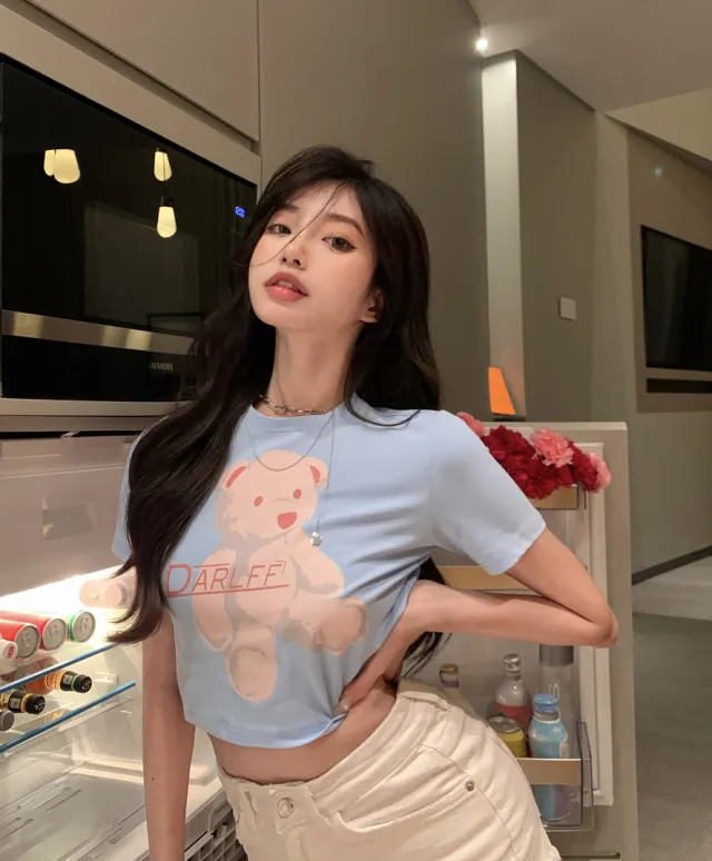 Bear T Shirt Women'S Short Cropped Navel Sweet And Spicy Slim Fitting Tight Rose Red Short Sleeved Top Rose - Shop at LoveMi