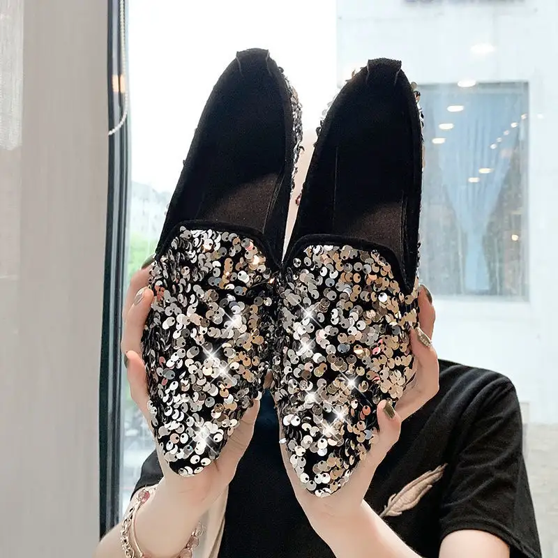 Korean Version Of The Internet Celebrity Fashion All-Match One Foot On The Student Sequined Social Flat Peas Shoes