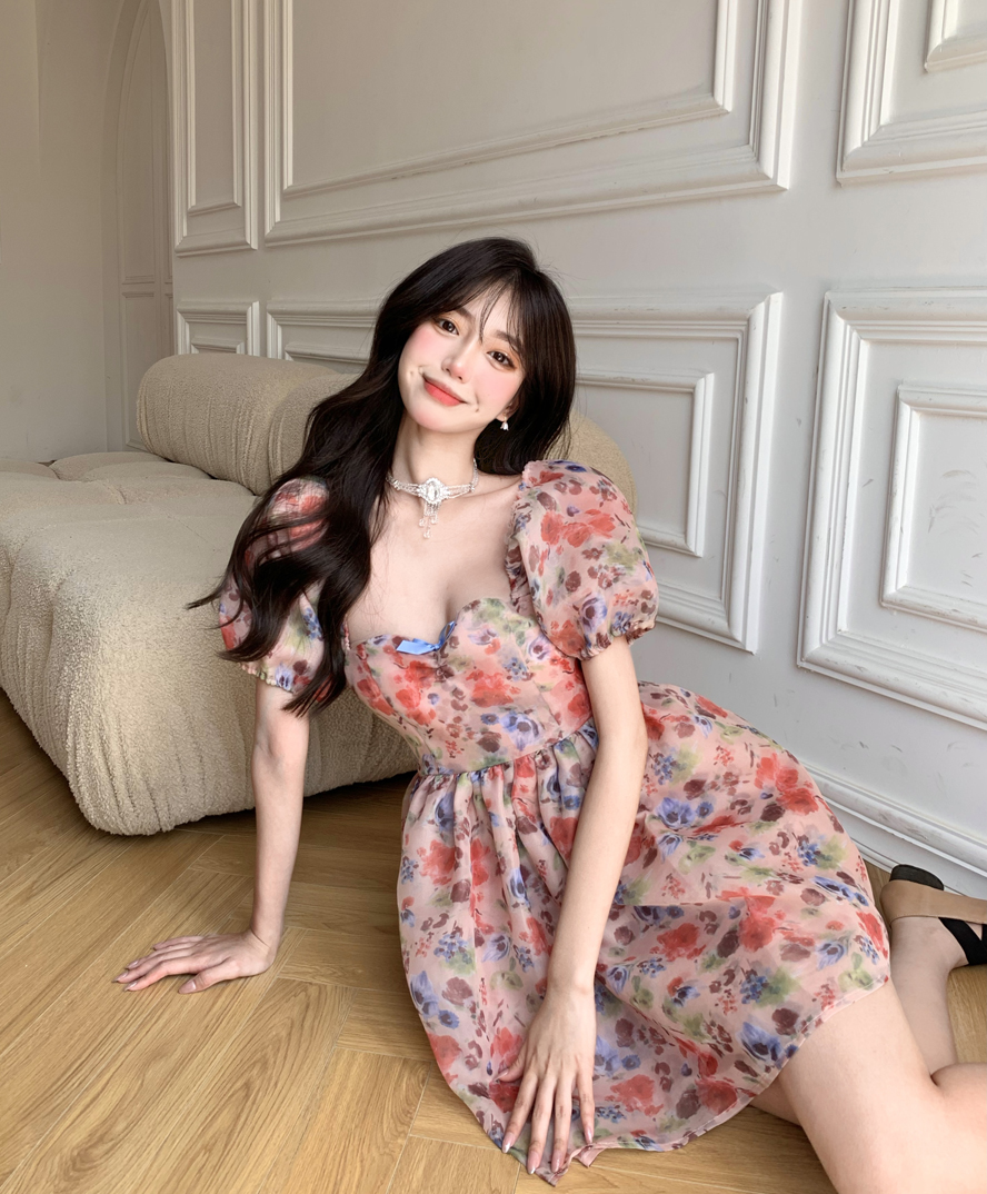 Retro Floral Dress Female Summer New French Puff Sleeve Short Skirt Waist Puffy Princess Skirt