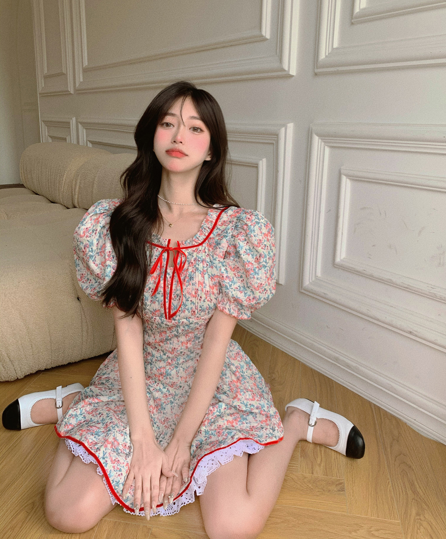 French Pastoral Style Sweet Lace Floral Dress Women