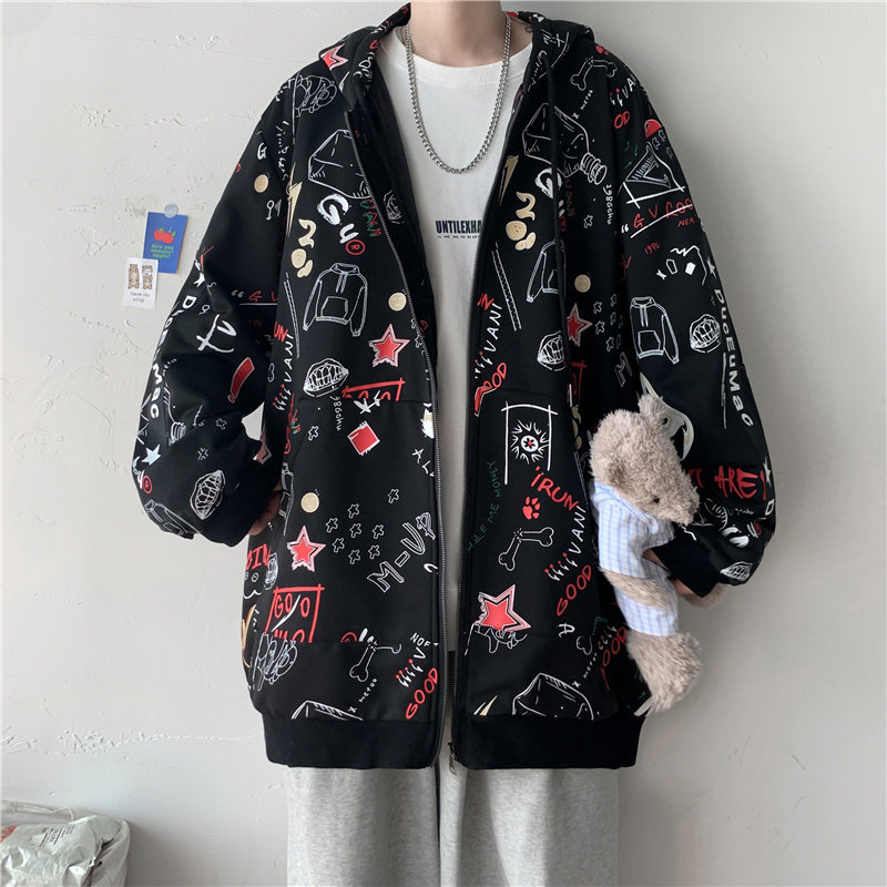Loose Plus Size Graffiti Full Printed Cardigan Sweater