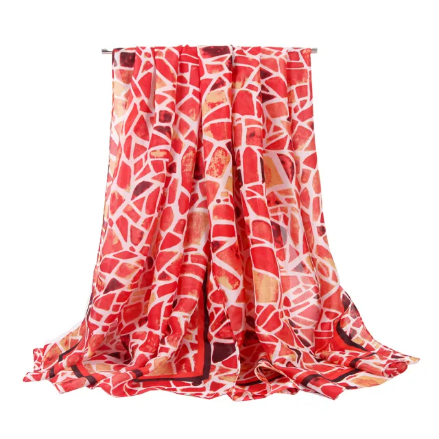 Thin Silk Scarf Shawl New Silk Satin Color Block Stitching Geometric Printing Scarf Red - Shop at LoveMi