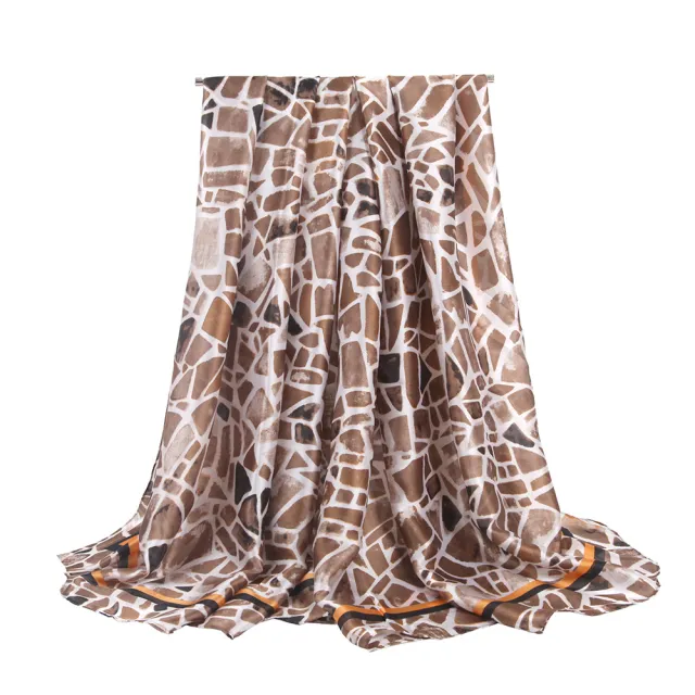 Thin Silk Scarf Shawl New Silk Satin Color Block Stitching Geometric Printing Scarf Brown - Shop at LoveMi