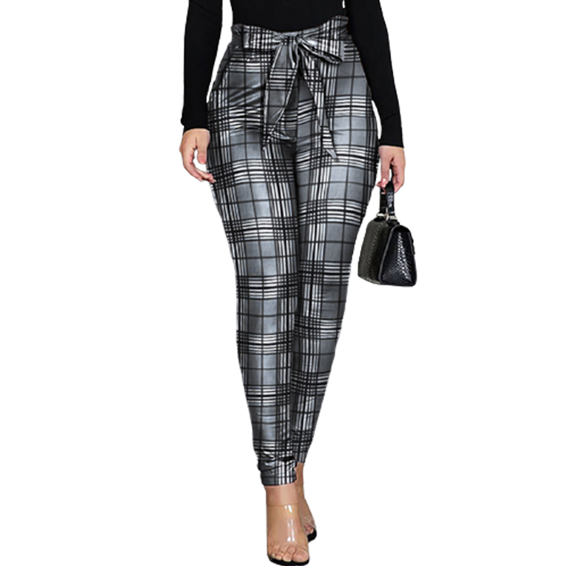 Casual Slim Plaid Print Bow Bandage High Waist Pencil Pants Ladies Streetwear Leopard Print Trouser SJ7505R