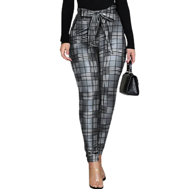 Casual Slim Plaid Print Bow Bandage High Waist Pencil Pants Ladies Streetwear Leopard Print Trouser SJ7505R Black - Shop at LoveMi