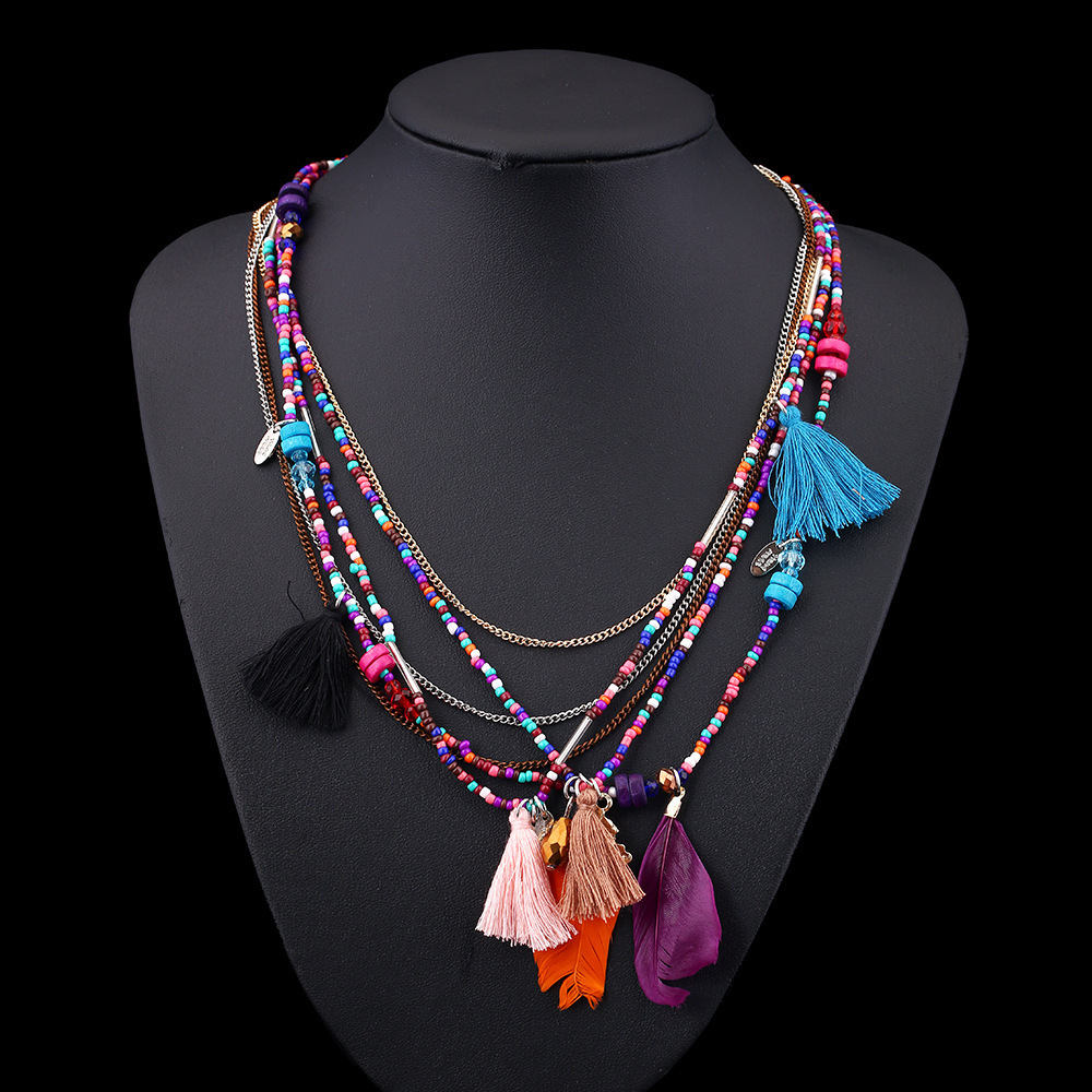 Europe And The United States All-Match Beaded Feather Necklace Mix And Match Colorful Rice Bead Necklace