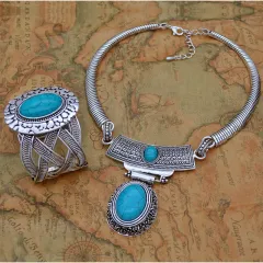 Retro Turquoise Jewellery Ethnic Style Necklace Earrings Ring Bracelet Combination Set - Sz029 - View 1