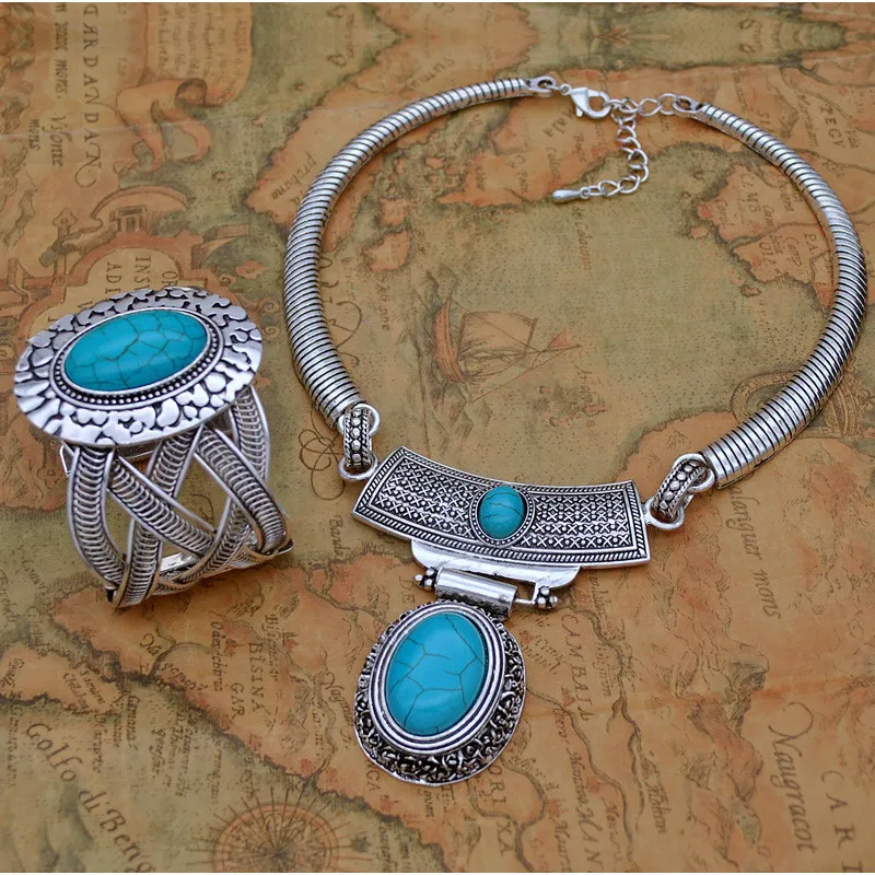 Retro Turquoise Jewelry Ethnic Style Necklace Earrings Ring Bracelet Combination Set - Sz029