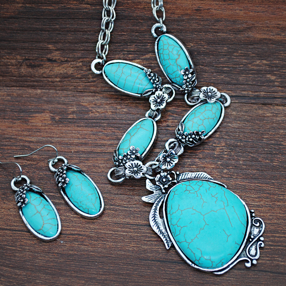 Retro Turquoise Jewelry Ethnic Style Necklace Earrings Ring Bracelet Combination Set S136 - Shop at LoveMi