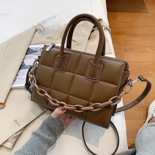 Vintage diamond chain portable small square bag Khaki - Shop at LoveMi