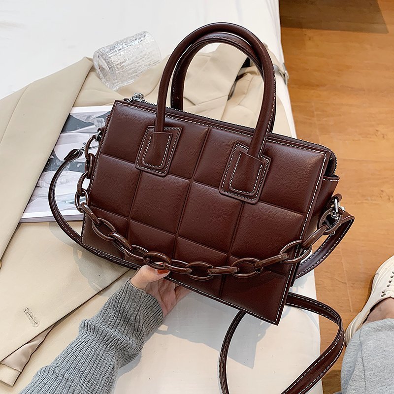 Vintage diamond chain portable small square bag Coffee - Shop at LoveMi