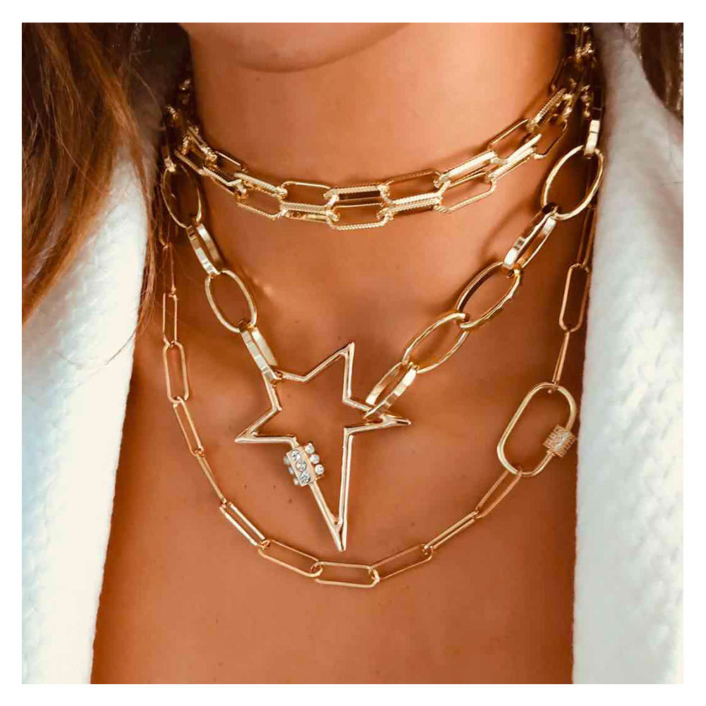 European And American Style Retro Alloy Lightning Inlaid Diamond Five Pointed Star Multi Layer Necklace Cross Border Mountaineering Buckle Necklace